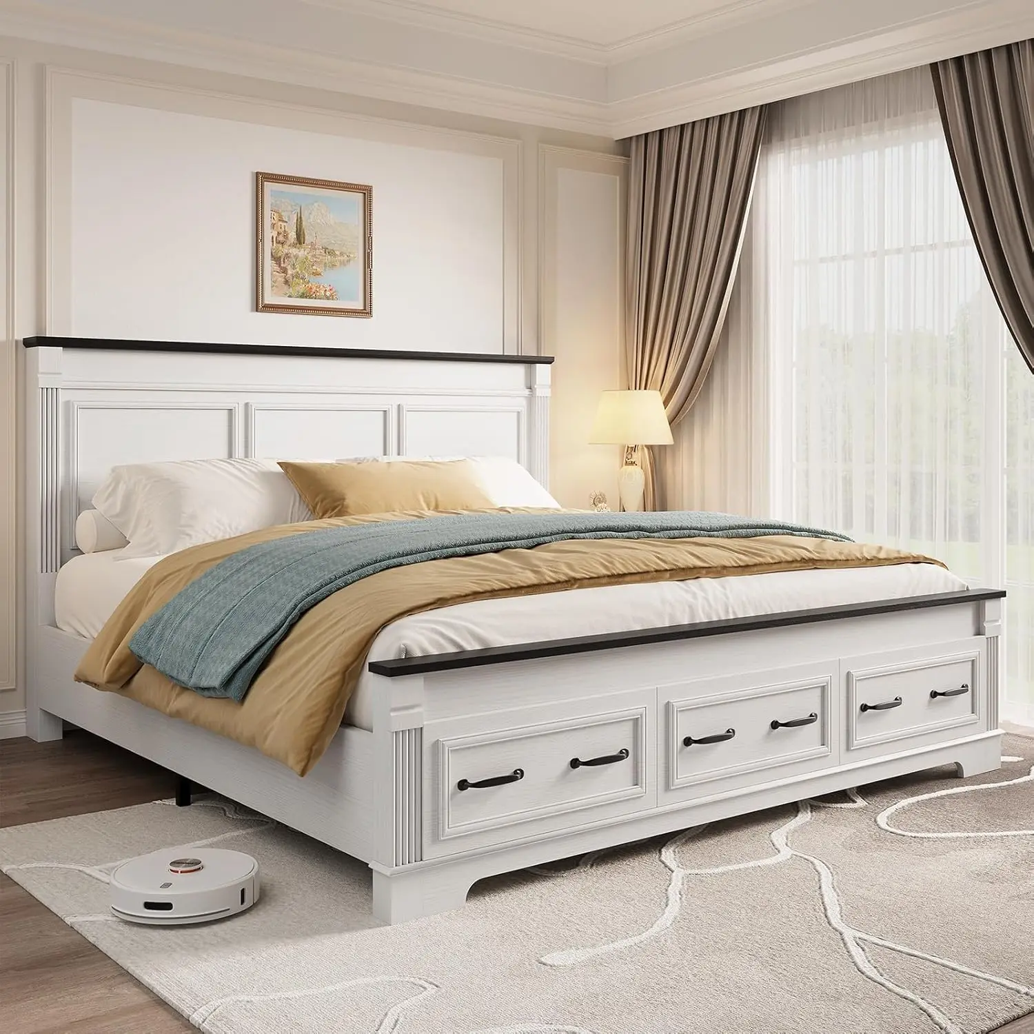 King Size Bed Frame With Storage Drawers - Struttura letto matrimoniale in stile rustico