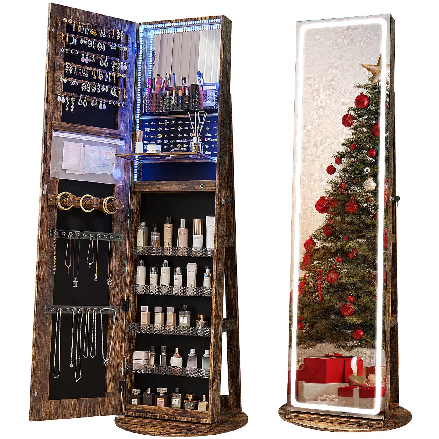 Full Length Mirror Jewelry Armoire - Armadio Portagioie con Specchio LED Girevole,