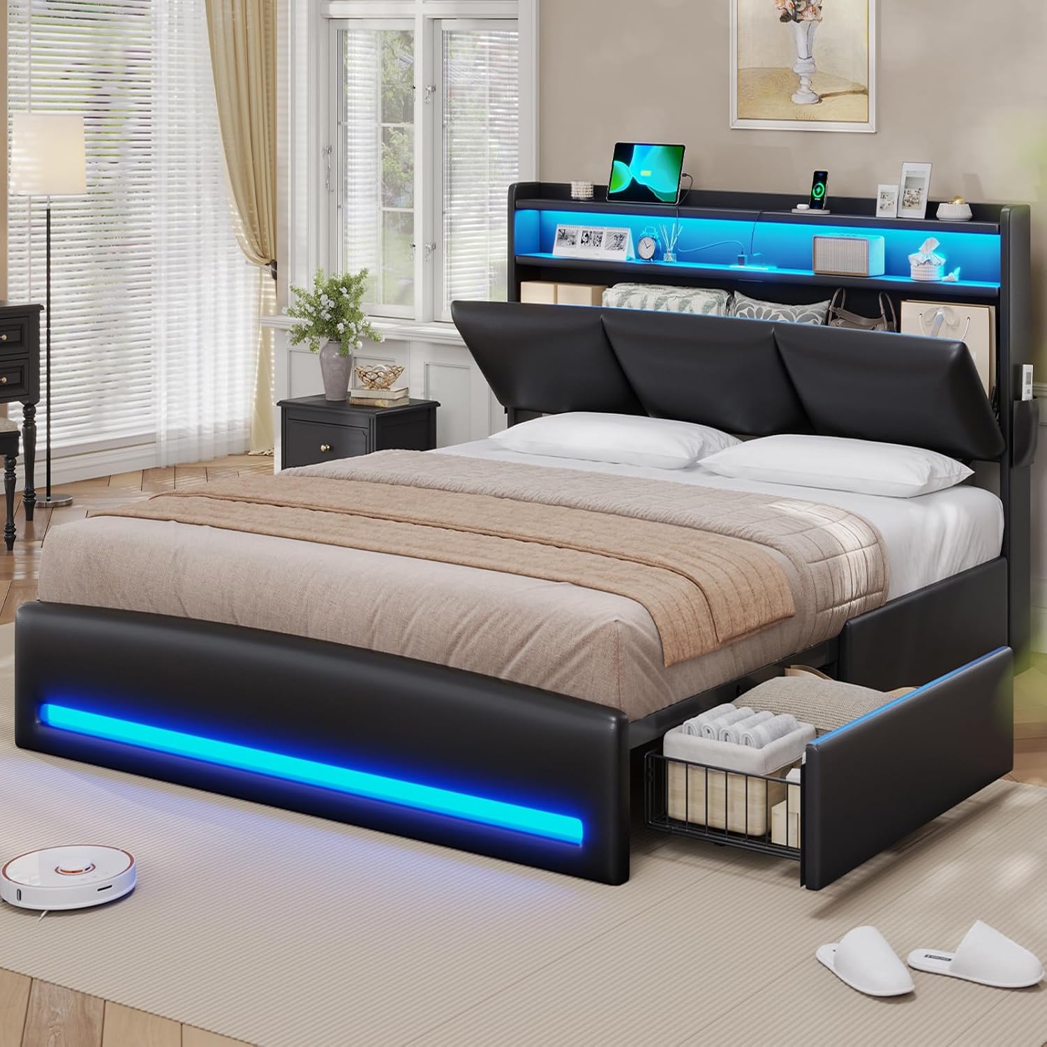 Canopy Bed Frame Metal Queen - Letto matrimoniale con testiera contenitore e